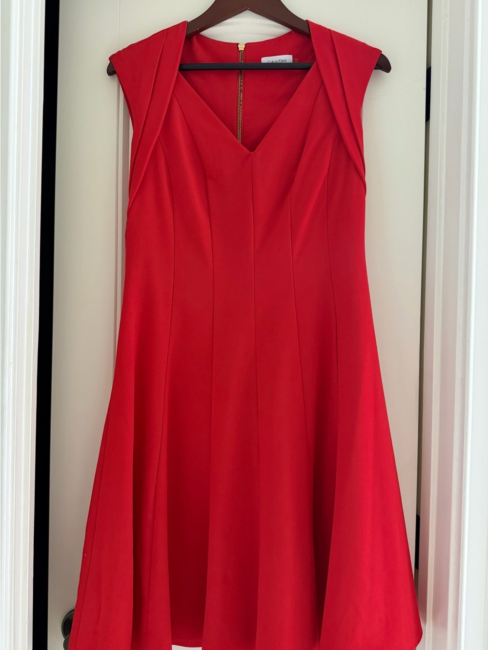 Calvin Klein Scarlet V-Neck Midi A-Line Dress